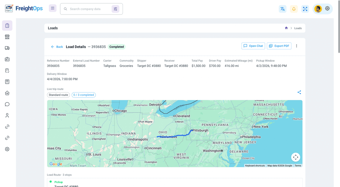 FreightOps load management dashboard
